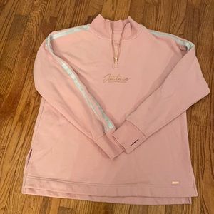 Justice hoodie! Silver detailing on sleeve. Perfect condition. Half zip